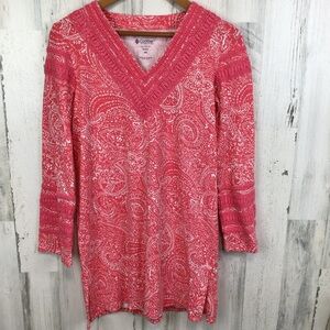Coolibar Samoa Bay UPF 50+ Swim Shirt Sun Dress XS Pink Crochet Detail V-neck